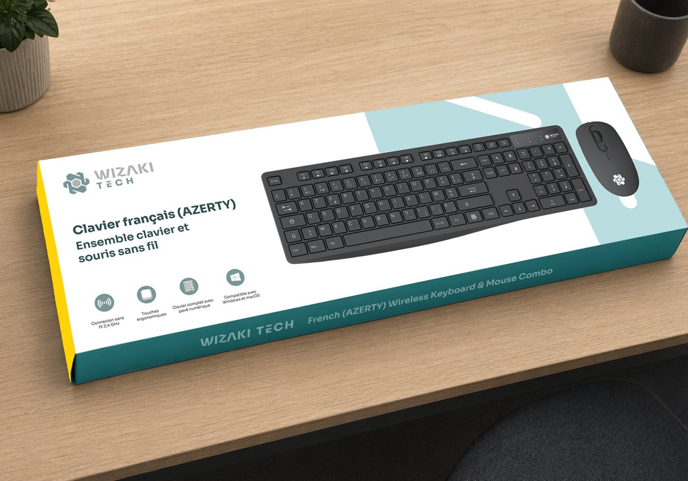 Wizaki Tech French AZERTY wireless keyboard and mouse set with its box on a desk